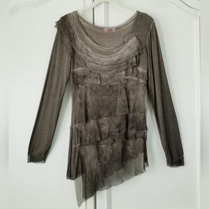 Scandal Brown Asymmetrical Silk Ruffle Artsy Long Sleeve Top Small